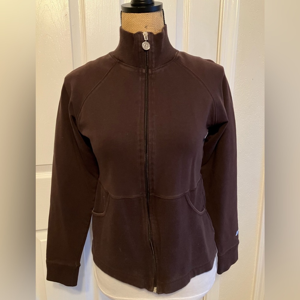 Russell Athletic fall cotton fitted mock neck full zip chocolate brown jacket M